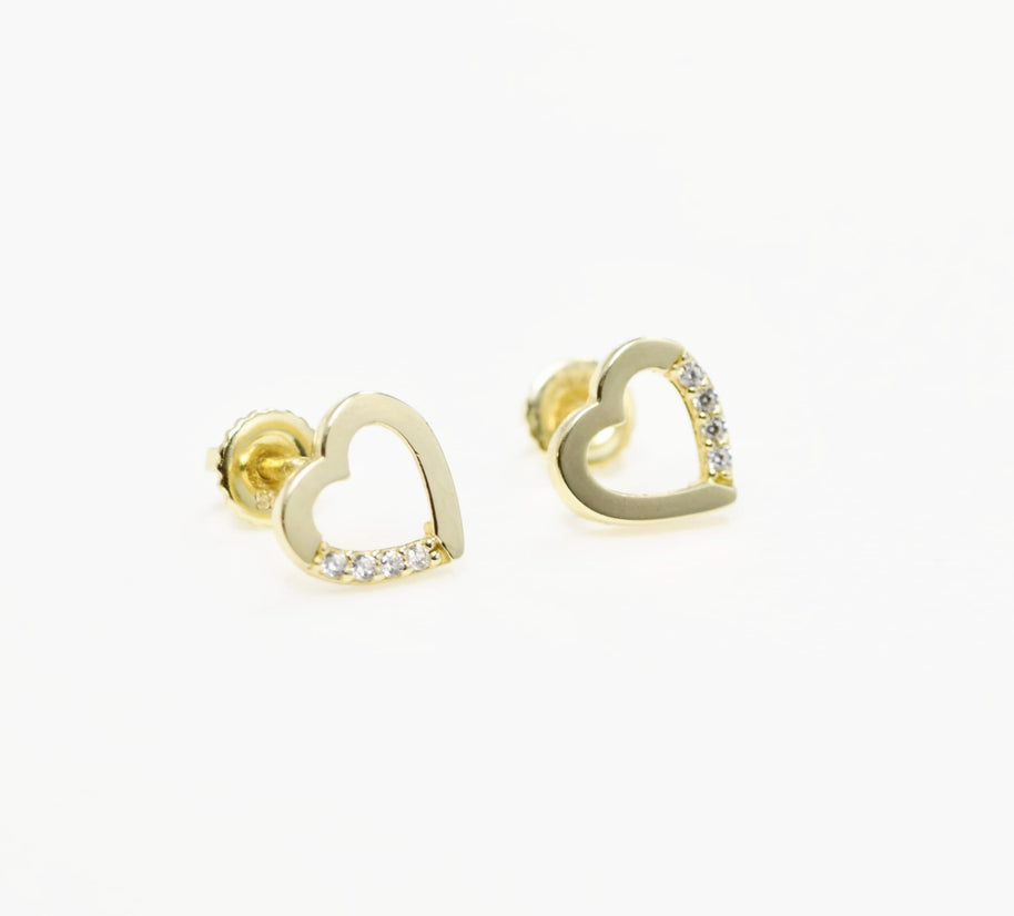14K Gold Heart Stud Earrings with Cubic Zirconia | Baby Screw Back | 585