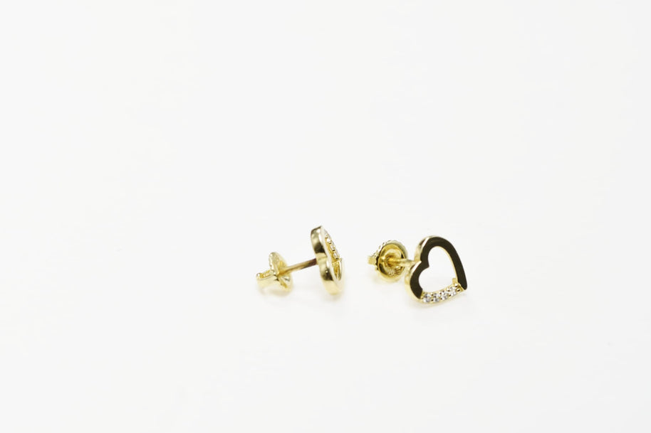 14K Gold Heart Stud Earrings with Cubic Zirconia | Baby Screw Back | 585