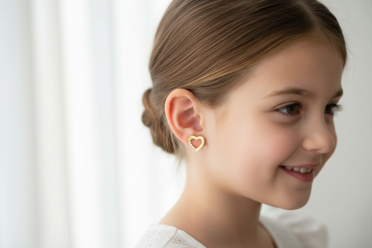 14K Gold Heart Stud Earrings with Cubic Zirconia | Baby Screw Back | 585