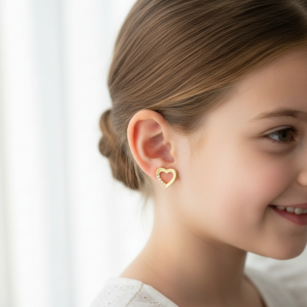 14K Gold Heart Stud Earrings with Cubic Zirconia | Baby Screw Back | 585