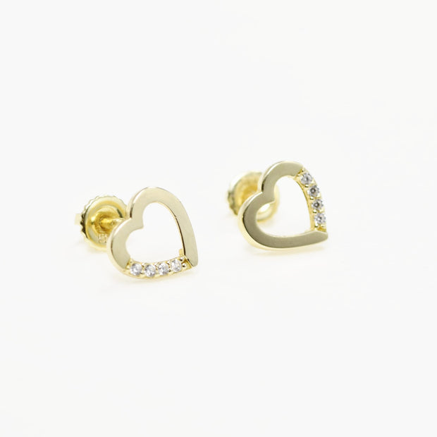 14K Gold Heart Stud Earrings with Cubic Zirconia | Baby Screw Back | 585