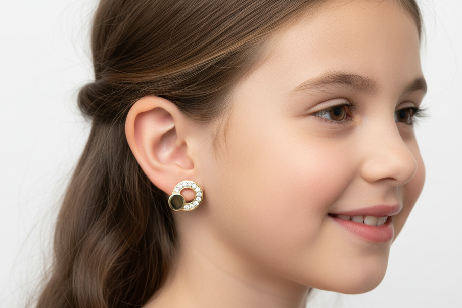14K Gold Baby Circle Stud Earrings with Cubic Zirconia | Screw Back | 585