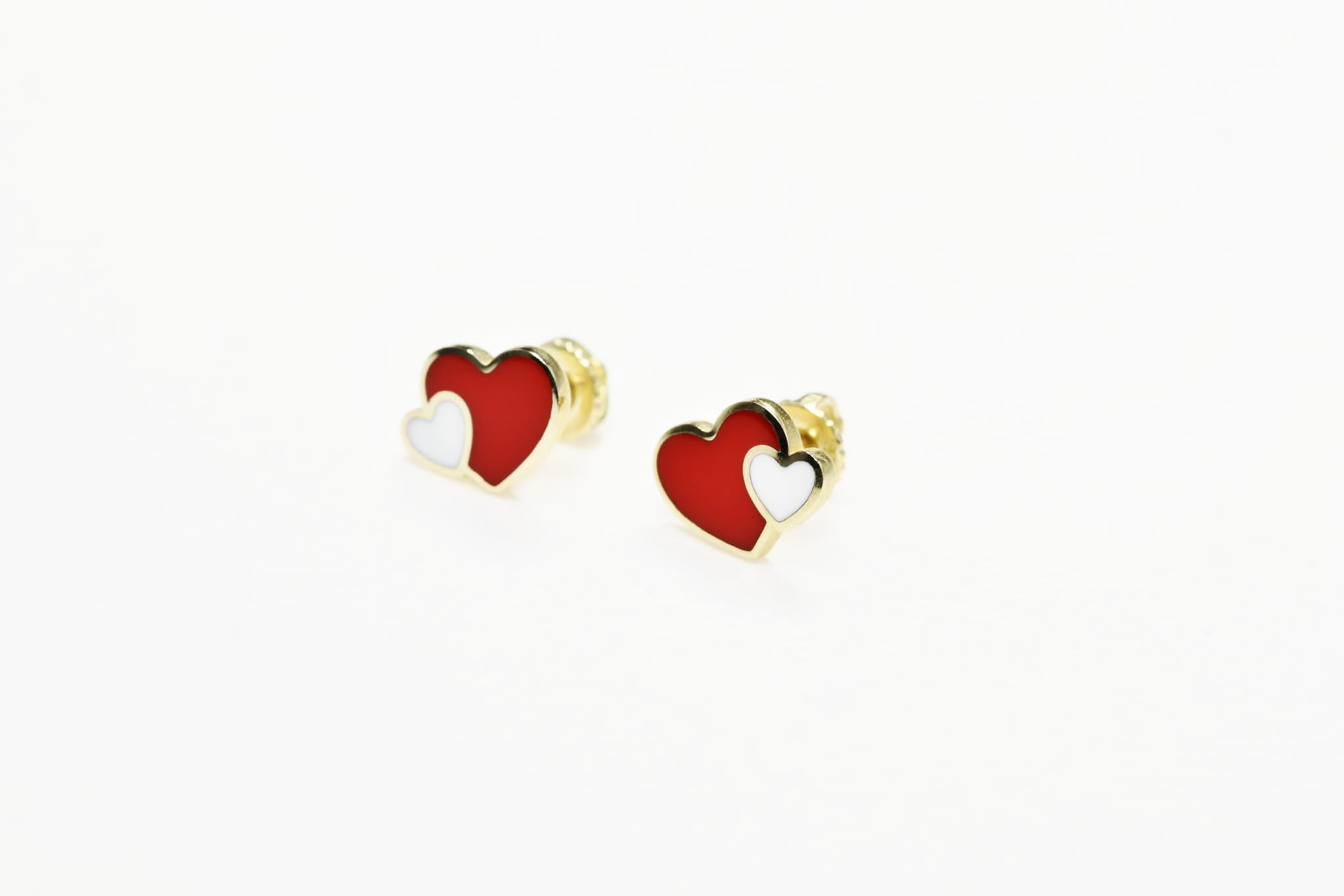 14K Gold Baby Heart Stud Earrings with Red & White Enamel | Screw Back | 585
