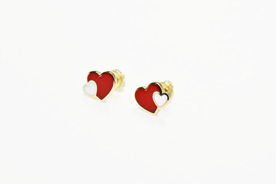 14K Gold Baby Heart Stud Earrings with Red &amp; White Enamel | Screw Back | 585