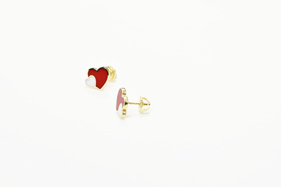 14K Gold Baby Heart Stud Earrings with Red & White Enamel | Screw Back | 585