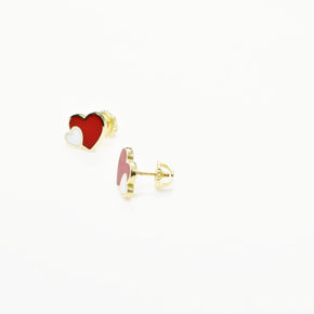 14K Gold Baby Heart Stud Earrings with Red & White Enamel | Screw Back | 585