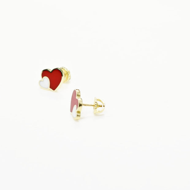 14K Gold Baby Heart Stud Earrings with Red &amp; White Enamel | Screw Back | 585