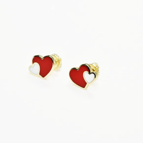 14K Gold Baby Heart Stud Earrings with Red & White Enamel | Screw Back | 585