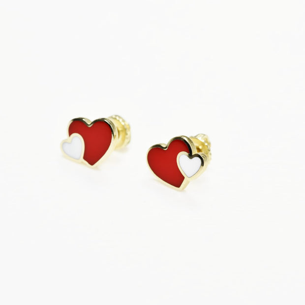 14K Gold Baby Heart Stud Earrings with Red &amp; White Enamel | Screw Back | 585