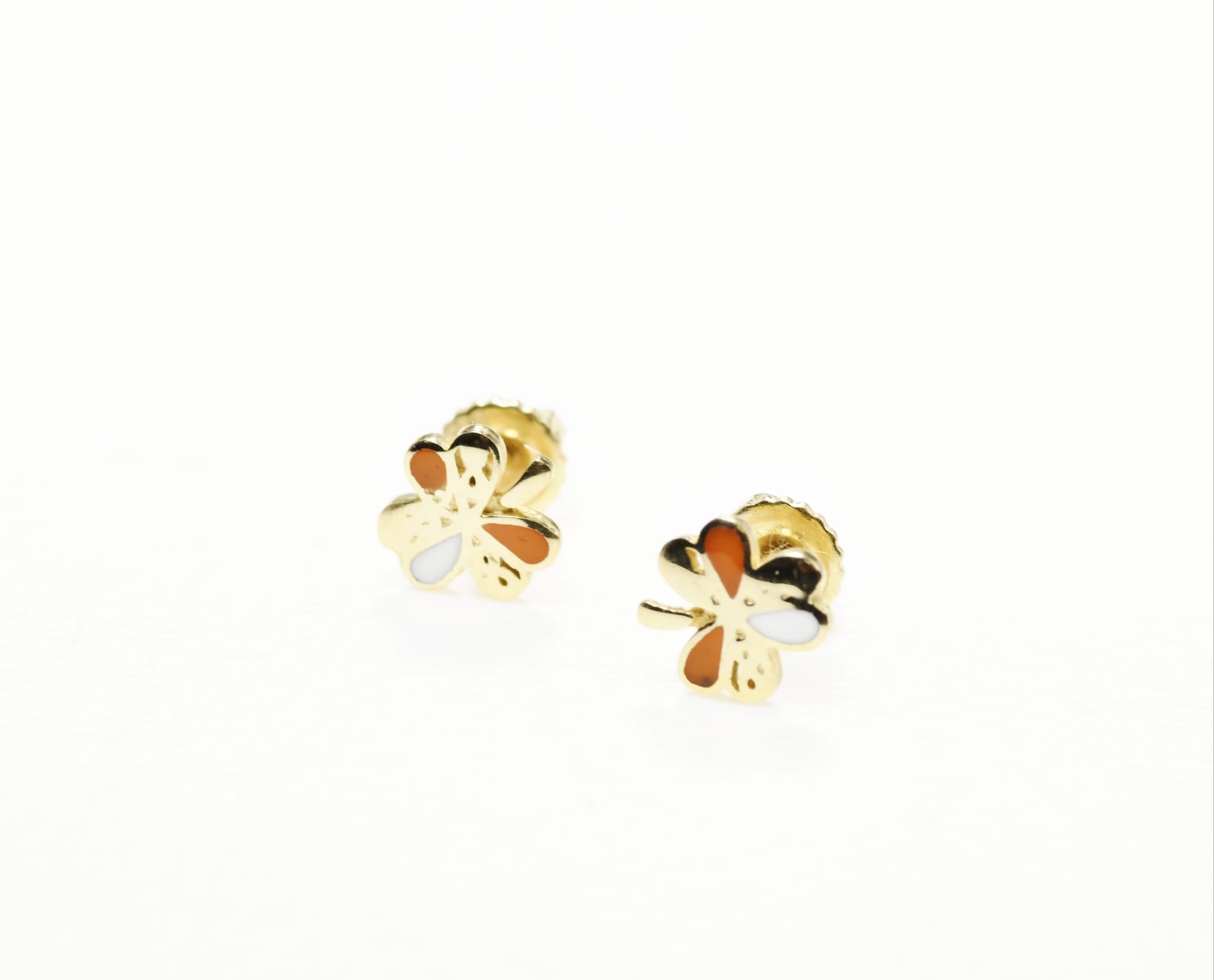 14K Gold Clover Stud Earrings for Babies & Kids | Enamel Screw Back | 585