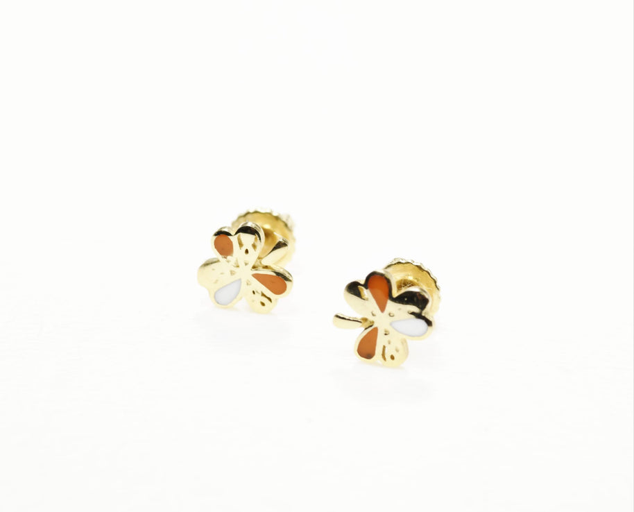 14K Gold Clover Stud Earrings for Babies &amp; Kids | Enamel Screw Back | 585