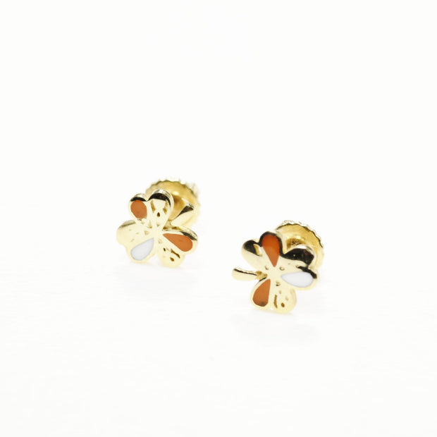 14K Gold Clover Stud Earrings for Babies &amp; Kids | Enamel Screw Back | 585