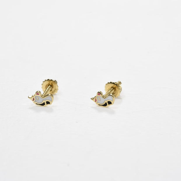 14K Gold Unicorn Stud Earrings | 585 Gold Kids Earrings | Enamel Unicorn Screw Back Earrings