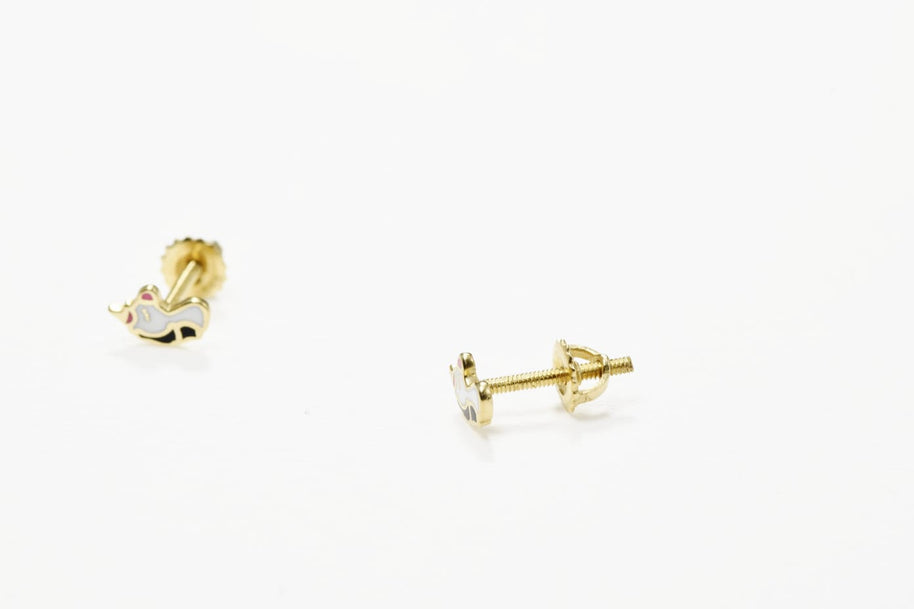 14K Gold Unicorn Stud Earrings | 585 Gold Kids Earrings | Enamel Unicorn Screw Back Earrings