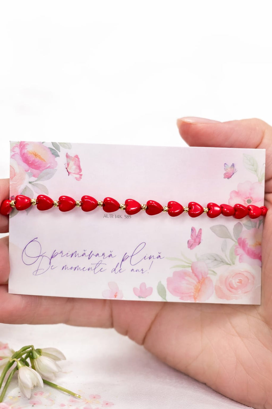 14K Gold Red Heart Bracelet | 585 Gold Heart Bead Bracelet | Adjustable Gold Bracelet Gift