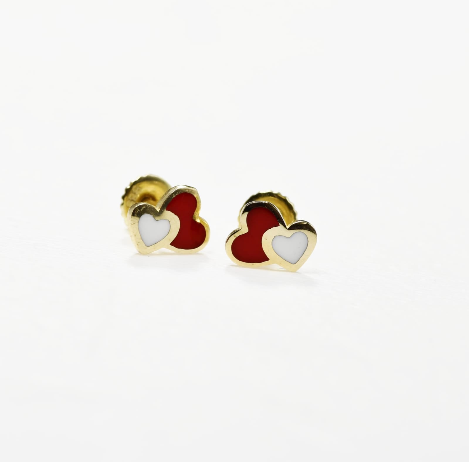 14K Gold Heart Stud Earrings | 585 Gold Enamel Heart Earrings | Screw Back Kids Earrings