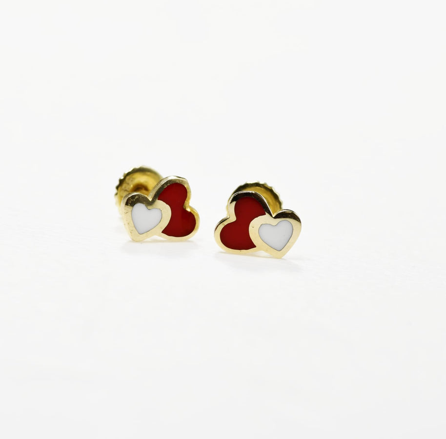 14K Gold Heart Stud Earrings | 585 Gold Enamel Heart Earrings | Screw Back Kids Earrings
