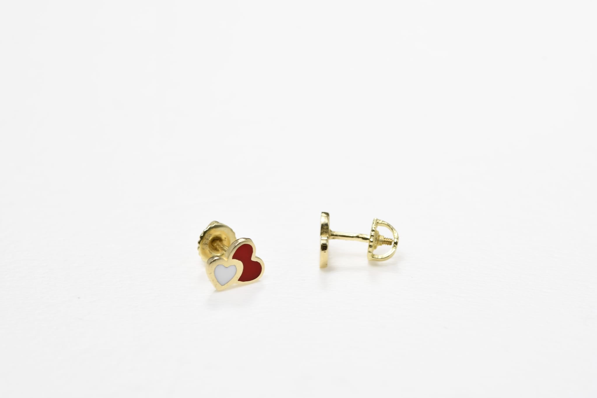 14K Gold Heart Stud Earrings | 585 Gold Enamel Heart Earrings | Screw Back Kids Earrings