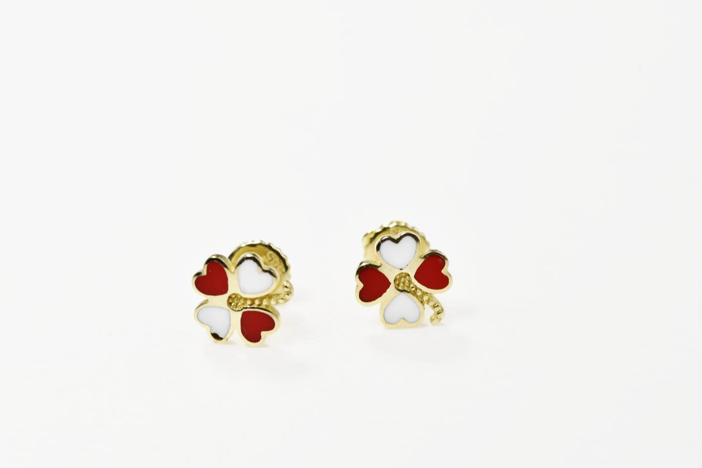 14K Gold Heart Clover Stud Earrings | 585 Gold Enamel Heart Earrings | Screw Back Kids Earrings