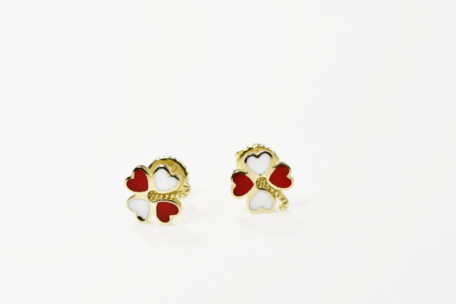 14K Gold Heart Clover Stud Earrings | 585 Gold Enamel Heart Earrings | Screw Back Kids Earrings