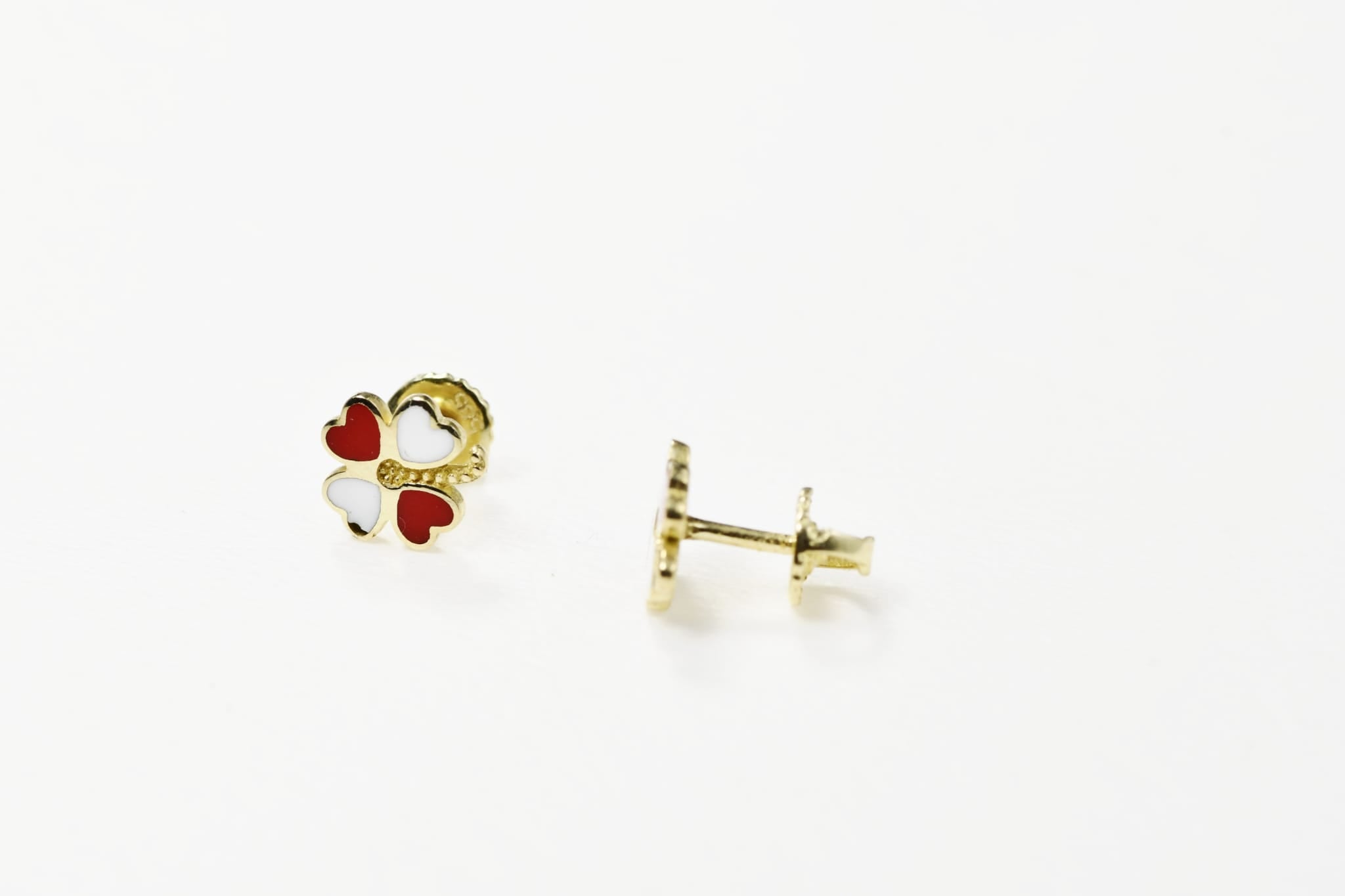 14K Gold Heart Clover Stud Earrings | 585 Gold Enamel Heart Earrings | Screw Back Kids Earrings