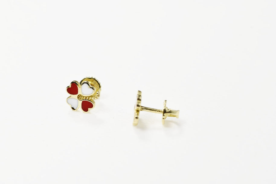 14K Gold Heart Clover Stud Earrings | 585 Gold Enamel Heart Earrings | Screw Back Kids Earrings