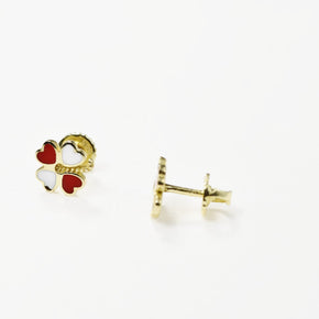 14K Gold Heart Clover Stud Earrings | 585 Gold Enamel Heart Earrings | Screw Back Kids Earrings