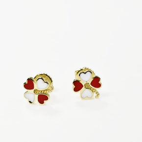 14K Gold Heart Clover Stud Earrings | 585 Gold Enamel Heart Earrings | Screw Back Kids Earrings