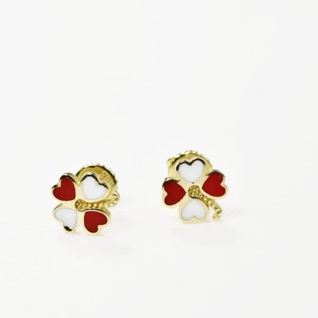 14K Gold Heart Clover Stud Earrings | 585 Gold Enamel Heart Earrings | Screw Back Kids Earrings