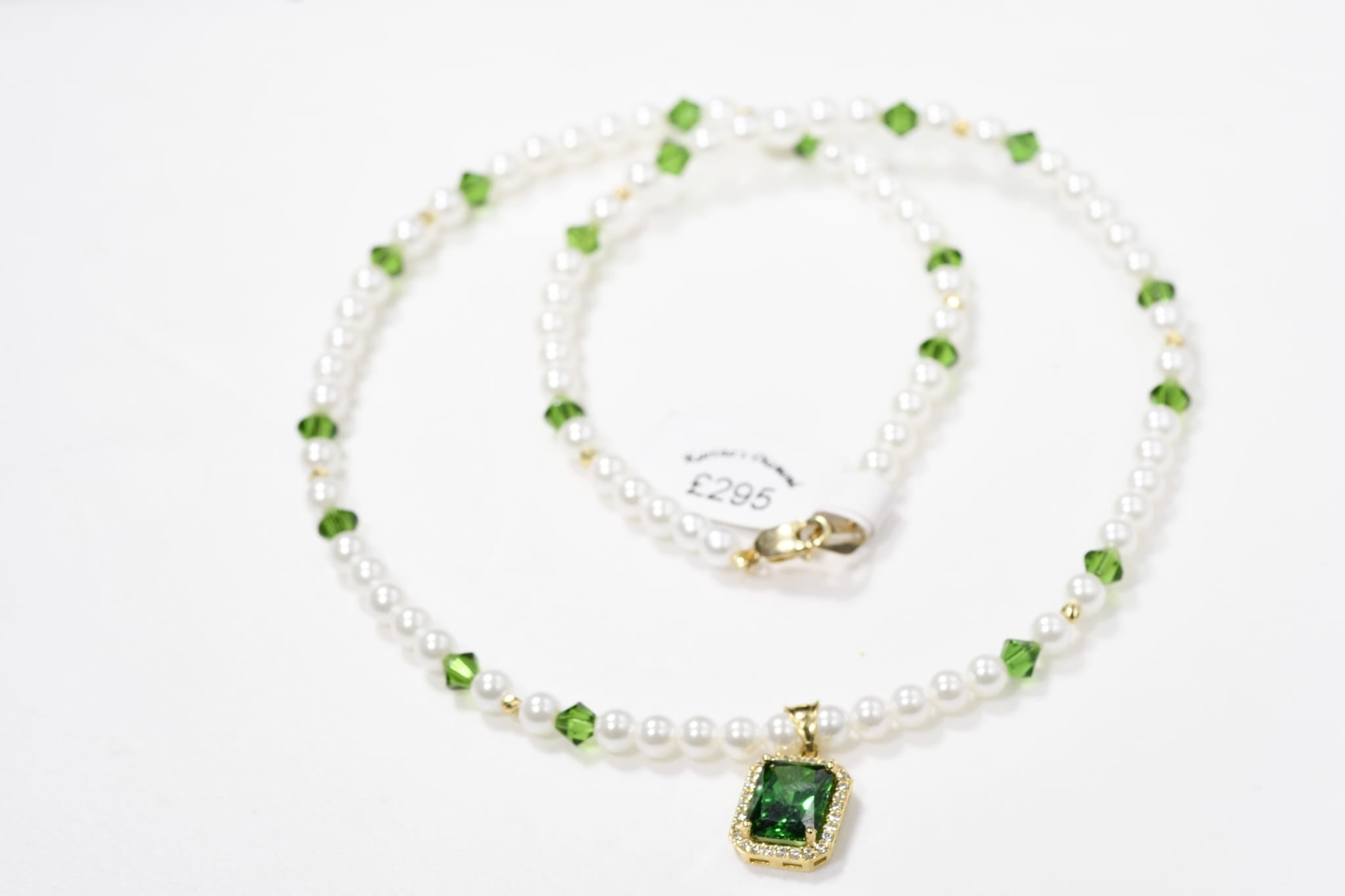 14K Gold Pearl Necklace with Green Pendant | 585 Gold Pearl Necklace | Elegant Pearl & Green Stone Necklace