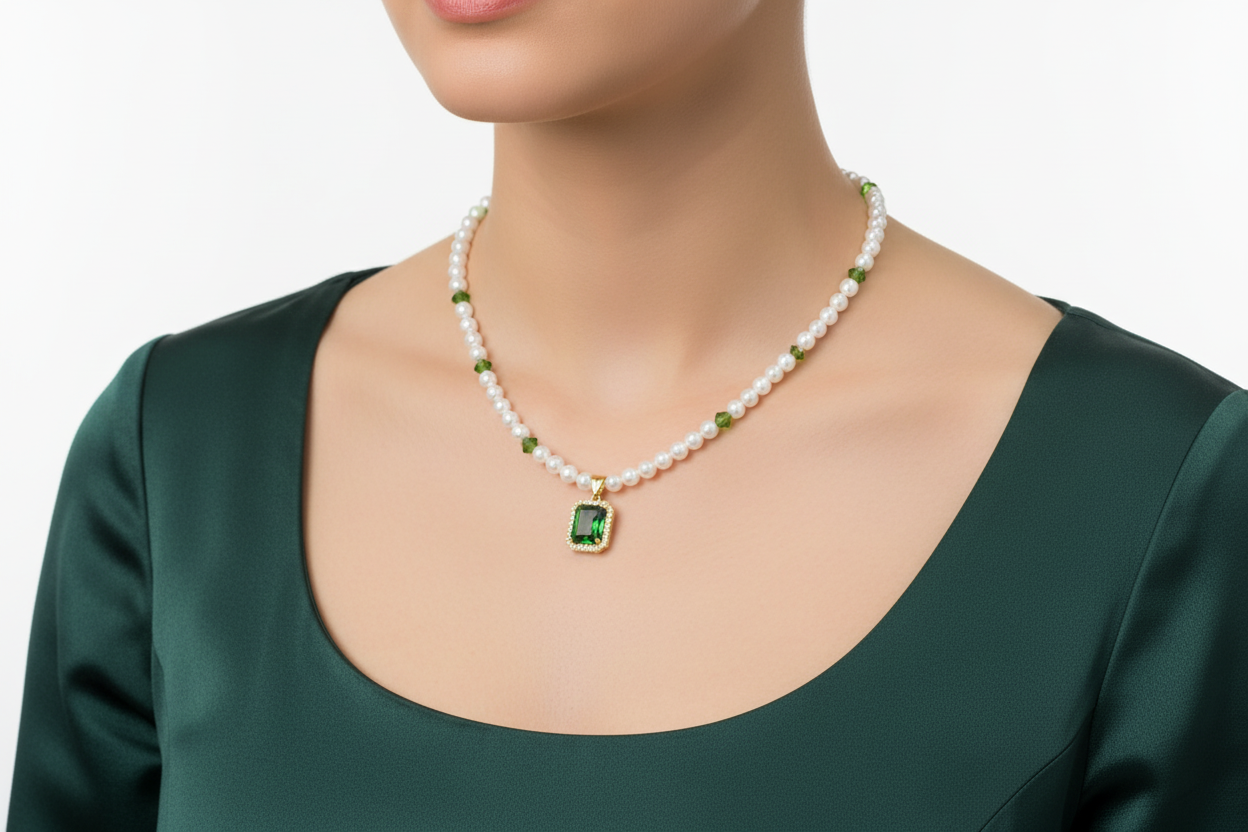 14K Gold Pearl Necklace with Green Pendant | 585 Gold Pearl Necklace | Elegant Pearl & Green Stone Necklace