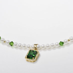 14K Gold Pearl Necklace with Green Pendant | 585 Gold Pearl Necklace | Elegant Pearl & Green Stone Necklace