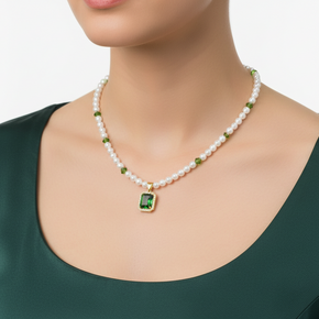 14K Gold Pearl Necklace with Green Pendant | 585 Gold Pearl Necklace | Elegant Pearl & Green Stone Necklace