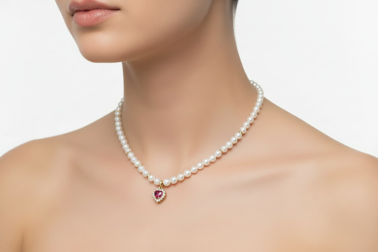 14K Gold Pearl Necklace with Pink Heart Pendant | 585 Gold Pearl Necklace | Elegant Heart Pendant Necklace