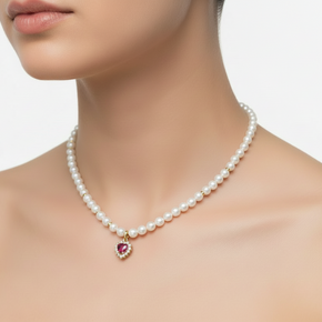 14K Gold Pearl Necklace with Pink Heart Pendant | 585 Gold Pearl Necklace | Elegant Heart Pendant Necklace