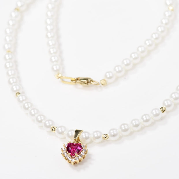 14K Gold Pearl Necklace with Pink Heart Pendant | 585 Gold Pearl Necklace | Elegant Heart Pendant Necklace
