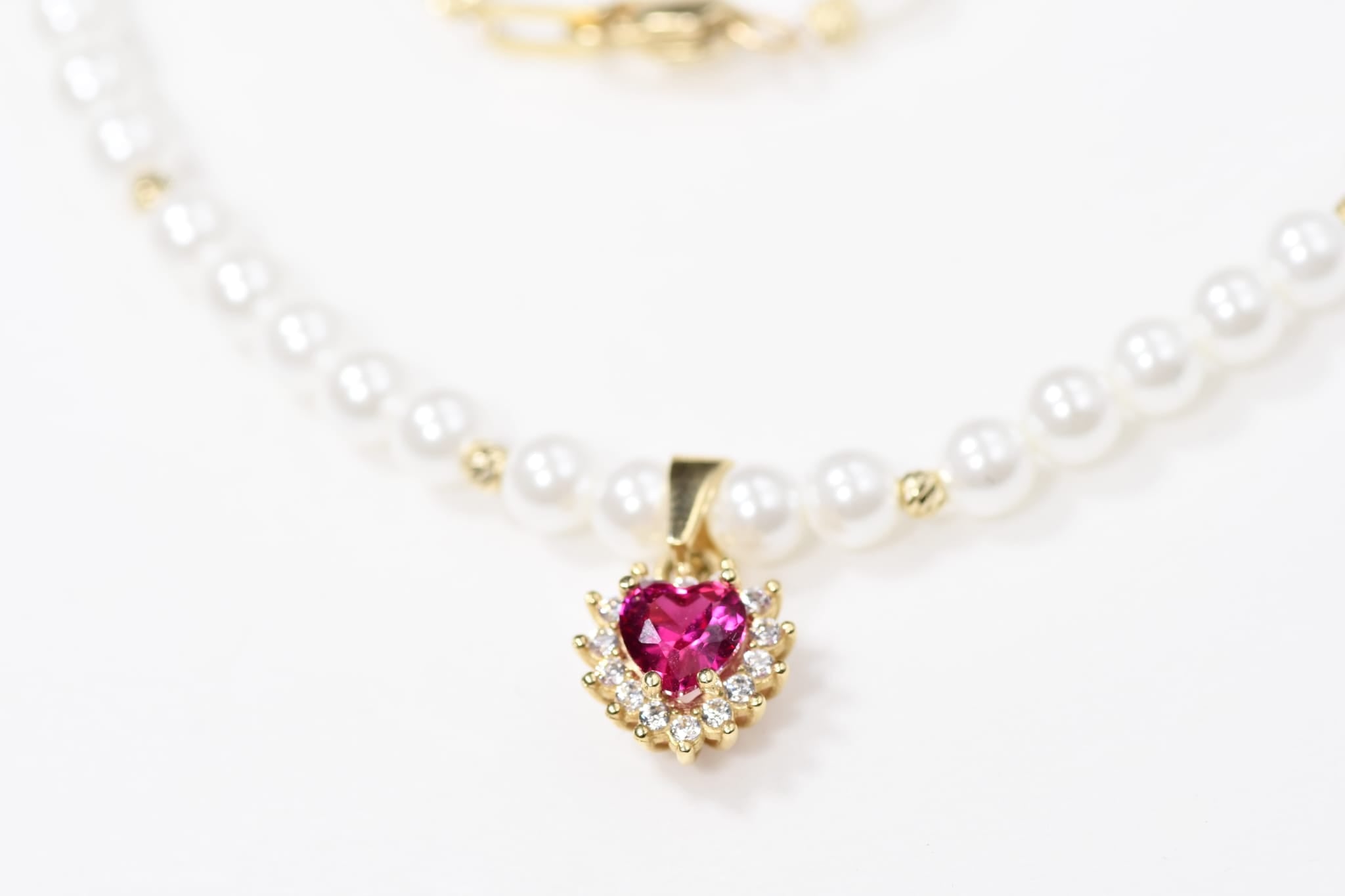 14K Gold Pearl Necklace with Pink Heart Pendant | 585 Gold Pearl Necklace | Elegant Heart Pendant Necklace