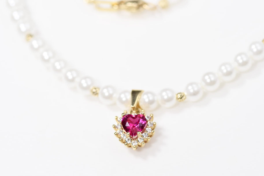 14K Gold Pearl Necklace with Pink Heart Pendant | 585 Gold Pearl Necklace | Elegant Heart Pendant Necklace