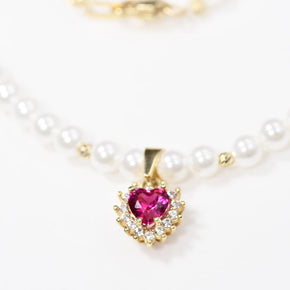 14K Gold Pearl Necklace with Pink Heart Pendant | 585 Gold Pearl Necklace | Elegant Heart Pendant Necklace