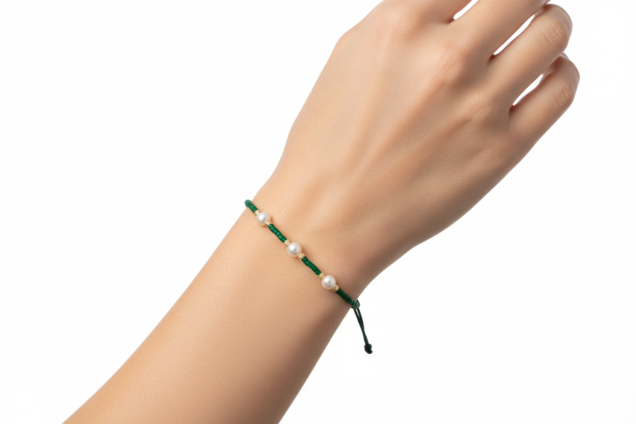 Delica Bracelet with Emerald Green Miyuki Beads and 6 Solid 14K Gold Beads