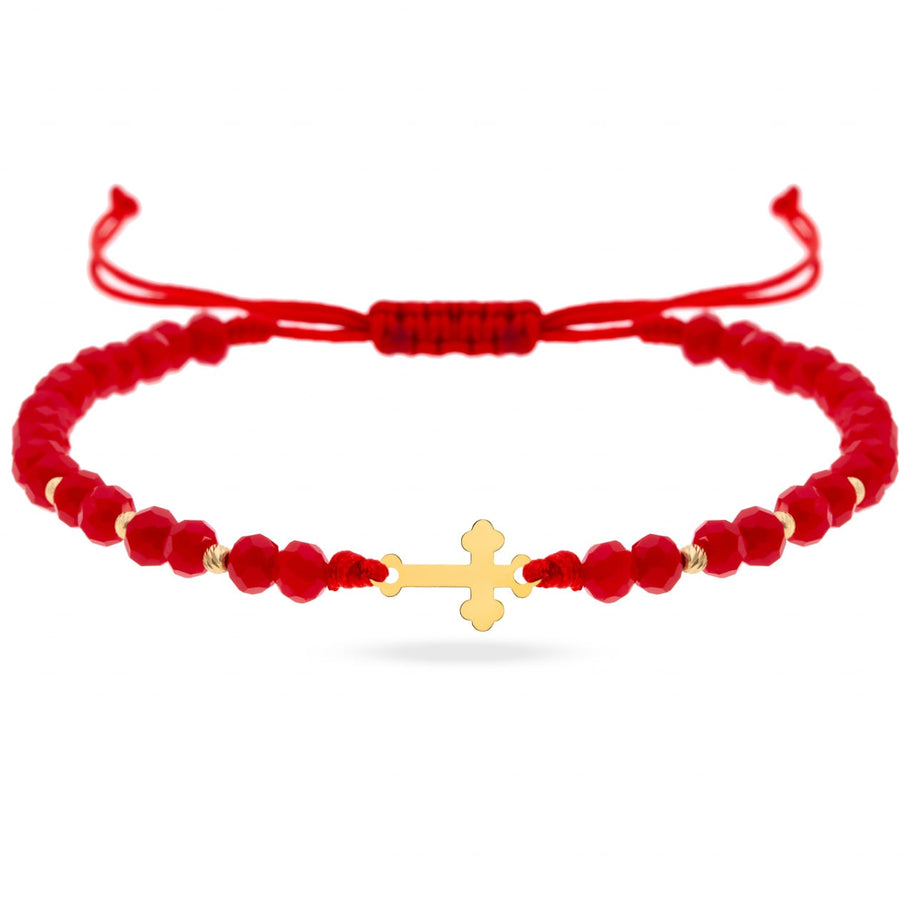 Cord Bracelet with 14K Gold Cross (1.2 cm) and Gold Beads