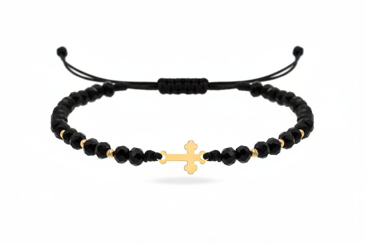 Cord Bracelet with 14K Gold Cross (1.2 cm) and Gold Beads