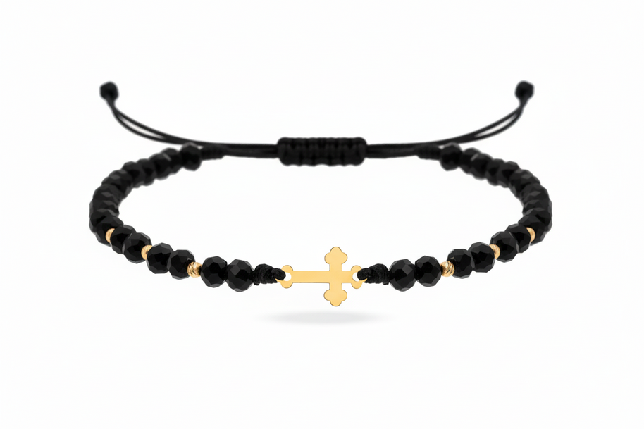 Cord Bracelet with 14K Gold Cross (1.2 cm) and Gold Beads