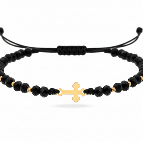 Cord Bracelet with 14K Gold Cross (1.2 cm) and Gold Beads