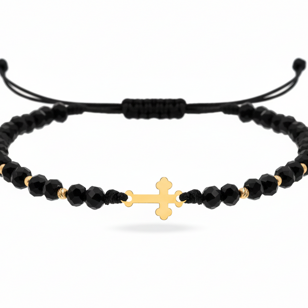 Cord Bracelet with 14K Gold Cross (1.2 cm) and Gold Beads
