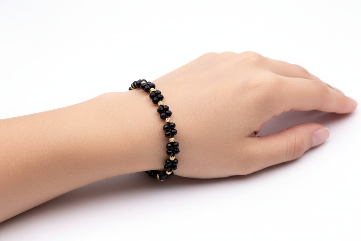 Black Only Bracelet with Black Crystals and 14K Gold Beads
