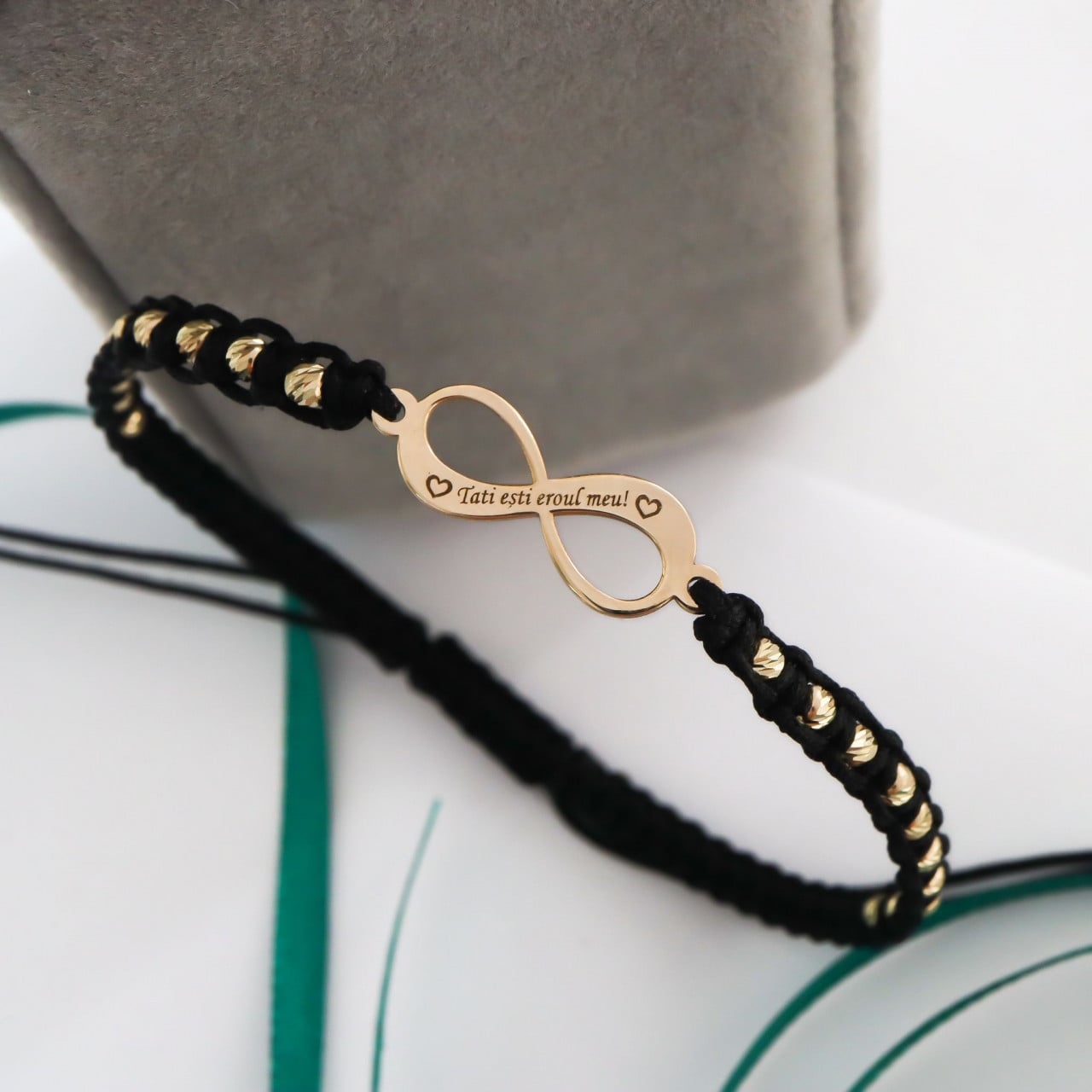 Cord Bracelet with 14K Gold Infinity Symbol and 20 × 2.5 mm Gold Beads