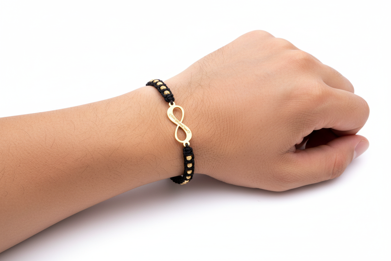 Cord Bracelet with 14K Gold Infinity Symbol and 20 × 2.5 mm Gold Beads