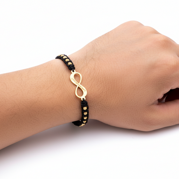 Cord Bracelet with 14K Gold Infinity Symbol and 20 × 2.5 mm Gold Beads