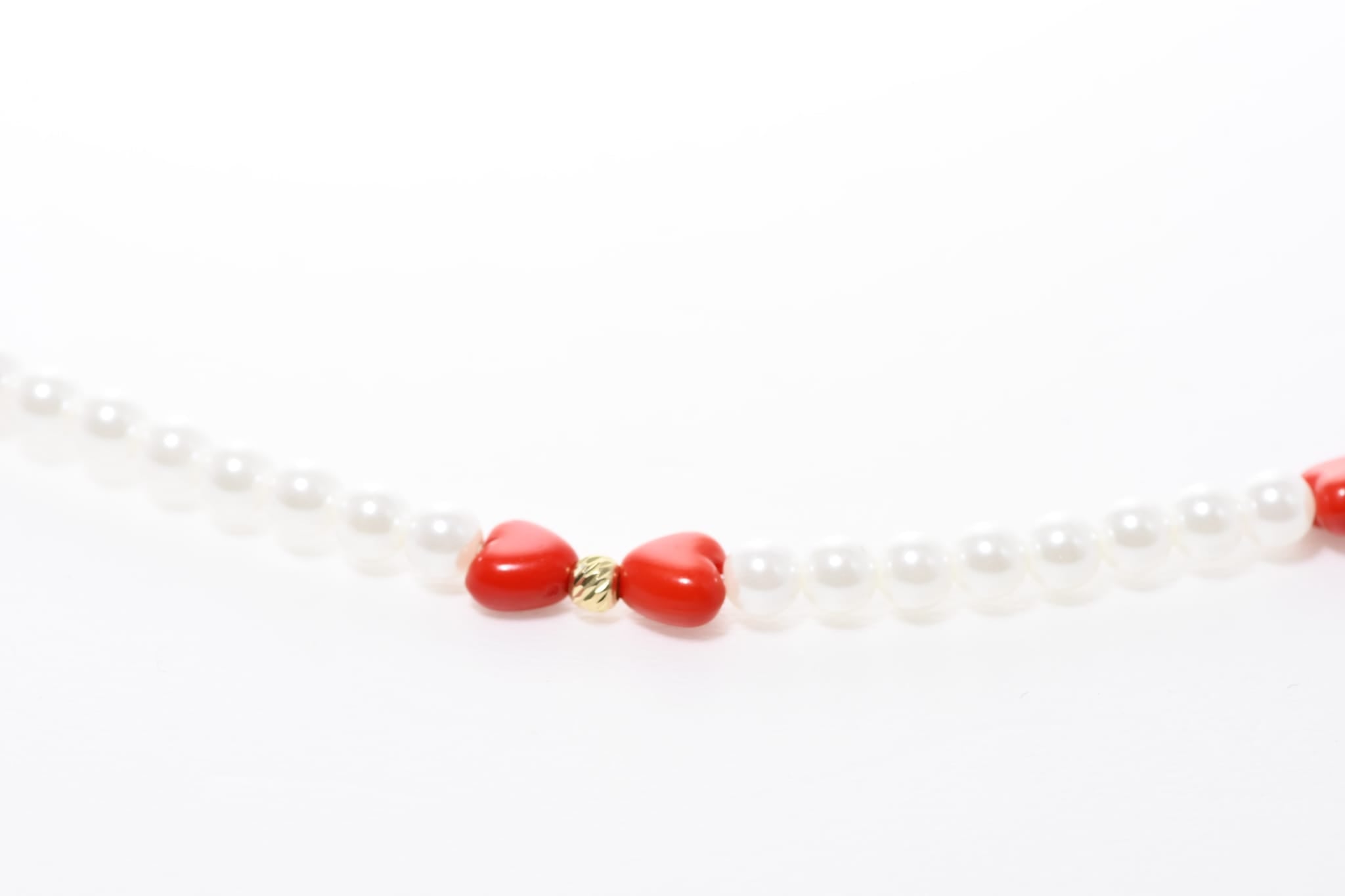 Pearl Necklace with Red Heart Beads and Solid 14K Gold Accents